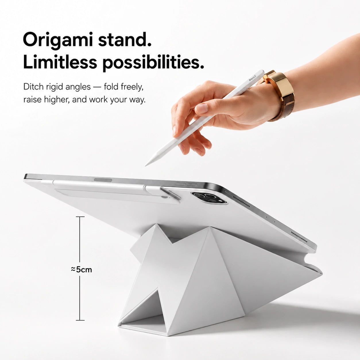 Frost Gray folding magnetic tablet stand supporting an angled tablet #color_Frost Gray