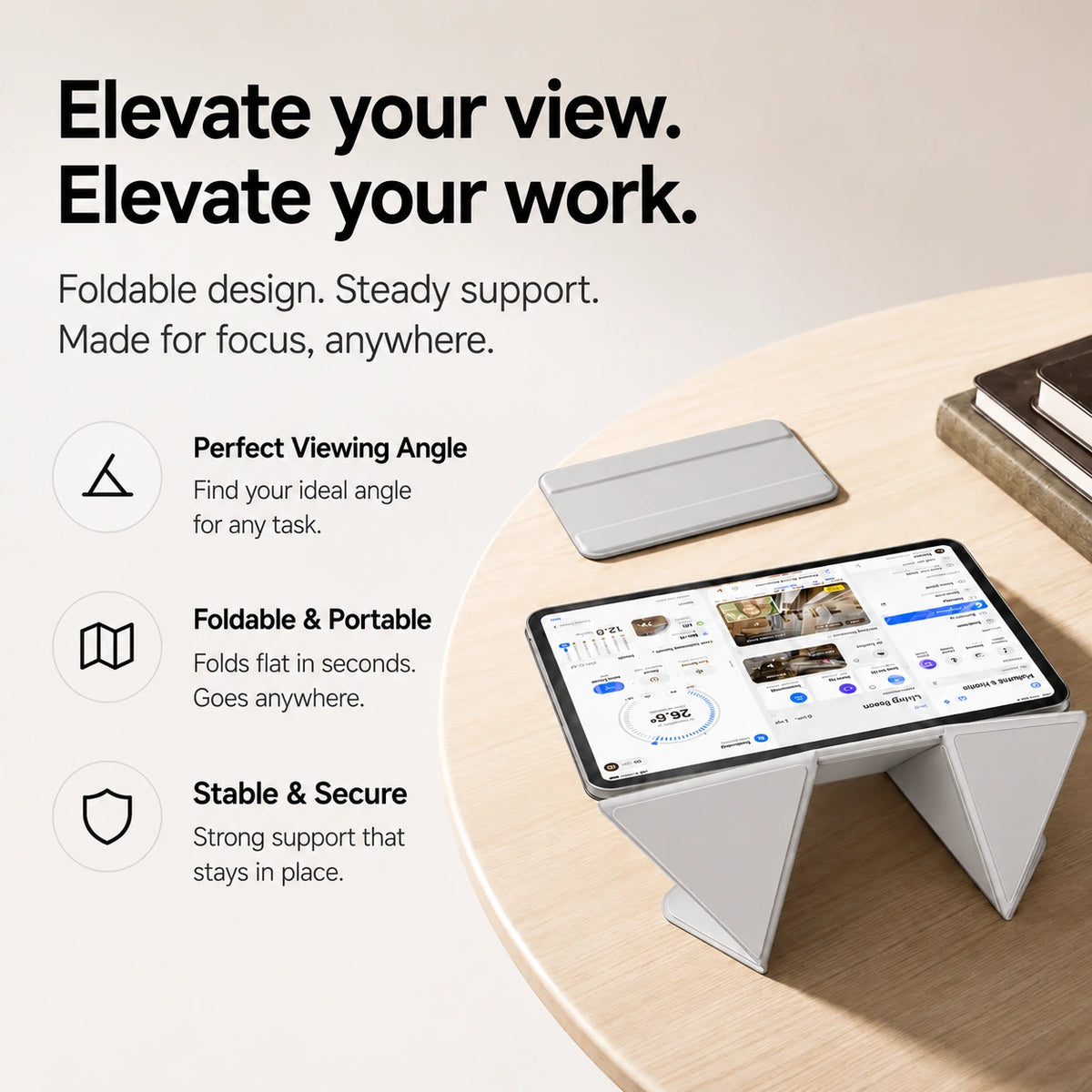 Frost Gray folding magnetic tablet stand used at a desk with detachable tray #color_Frost Gray