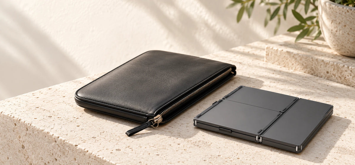 Compact gray folding keyboard beside a beige travel pouch.