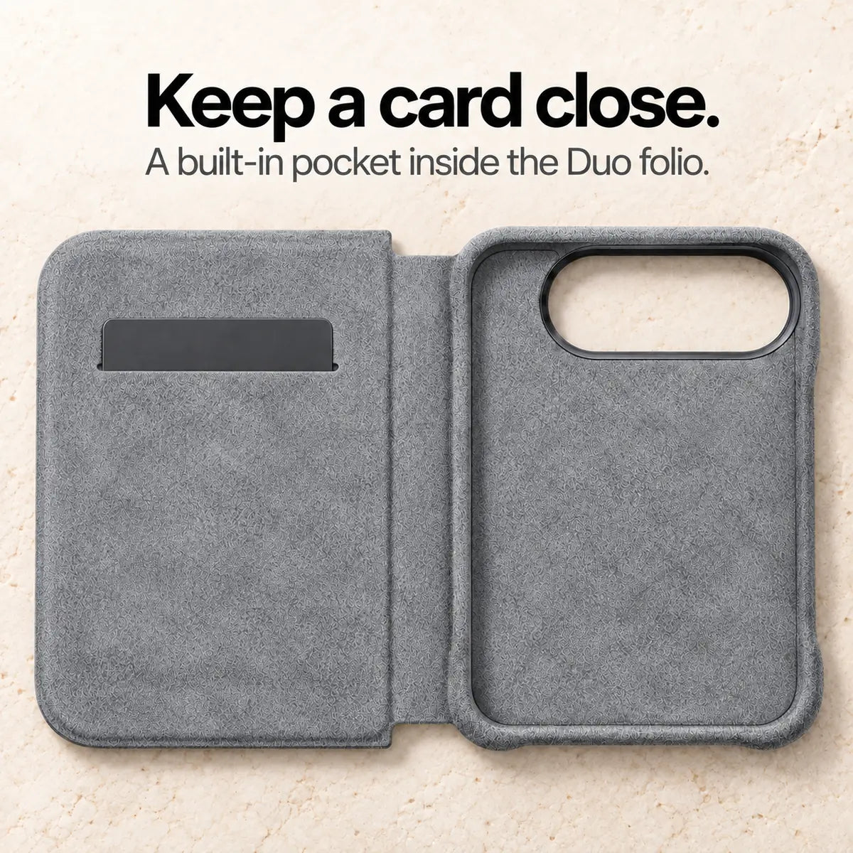 Mist Gray Alcantara folio case for iPhone Duo, opened folio showing its built-in card pocket and camera opening #color_Mist Gray