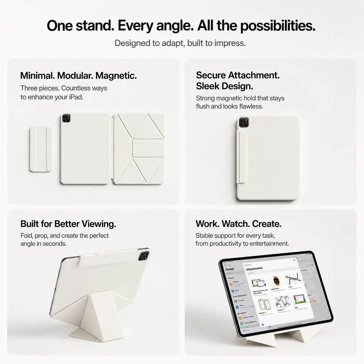 Arctic White folding magnetic tablet stand showing modular stand components #color_Arctic White