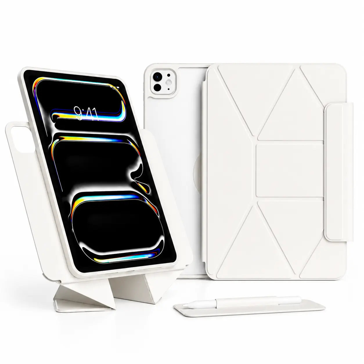 Arctic White folding magnetic tablet stand with a protective tablet case #color_Arctic White