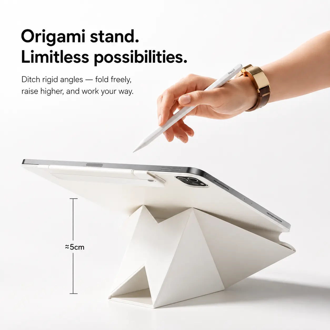 Arctic White folding magnetic tablet stand supporting an angled tablet #color_Arctic White