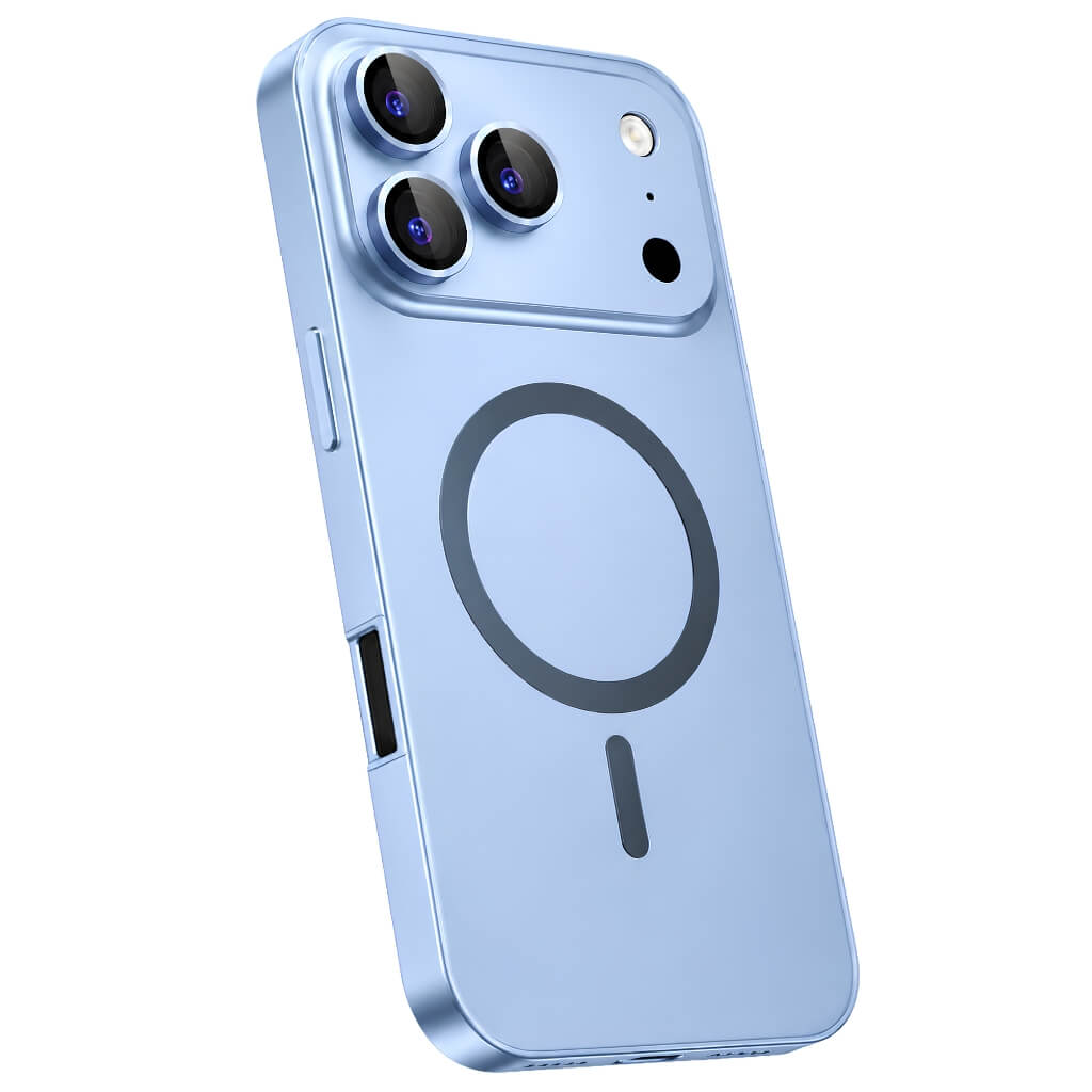 A light blue iphone 18 pro max protective phone case with a large dark gray MagSafe ring on the back, shown from a three-quarters angle on a white background.