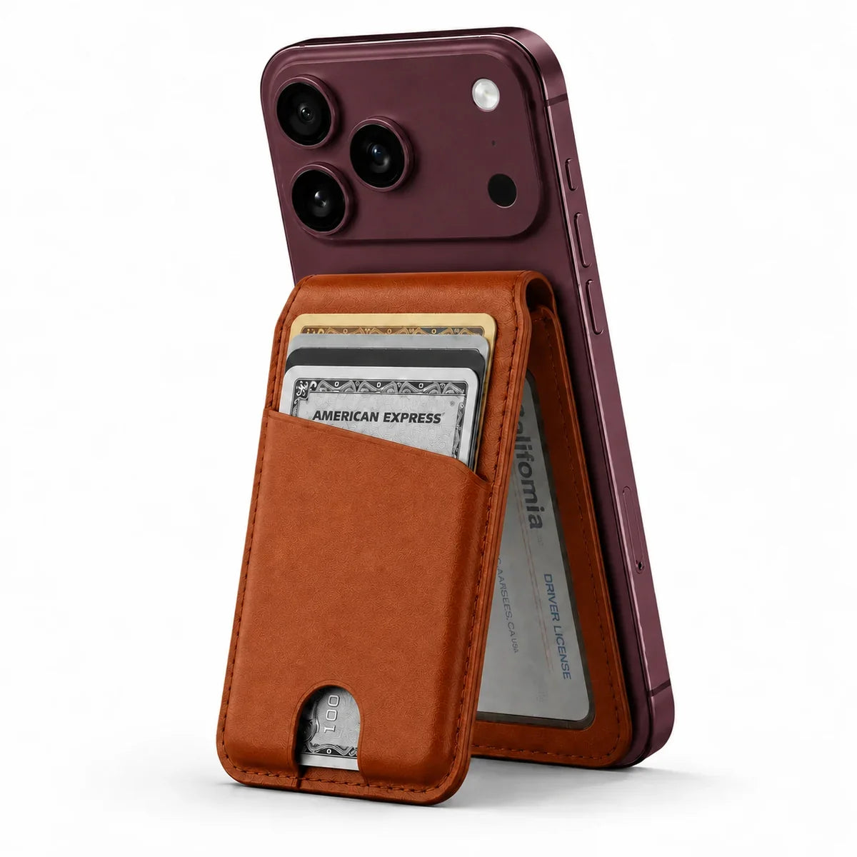 Chestnut Brown folding magnetic wallet supporting a Burgundy iPhone as a stand. #color_Chestnut Brown