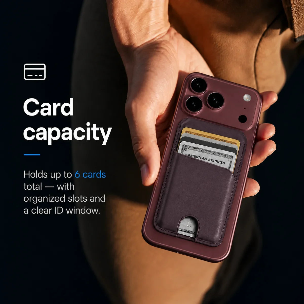 Lavender magnetic wallet attached to a Burgundy iPhone held in a hand. #color_Lavender