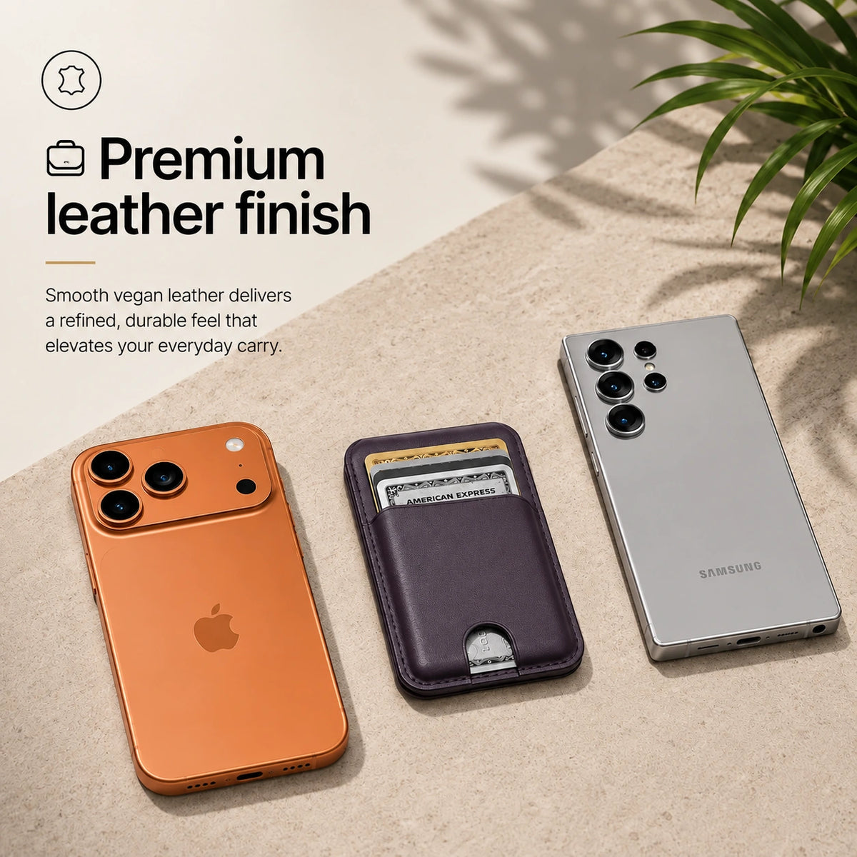 Lavender magnetic wallet and cards between a Burgundy iPhone and a silver Samsung phone. #color_Lavender