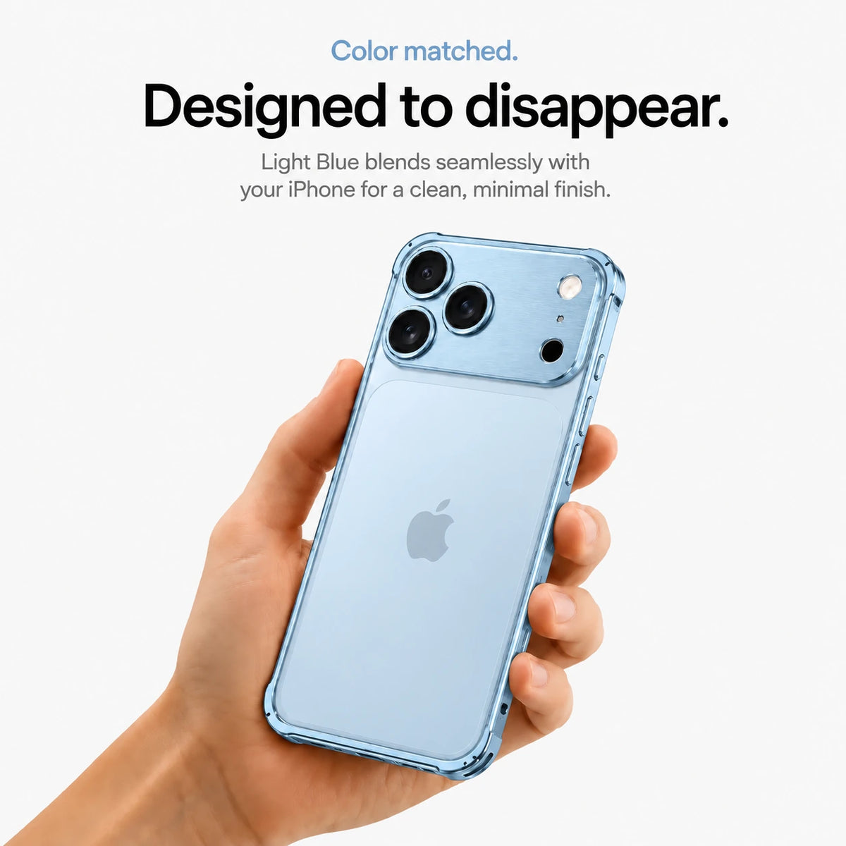 Light blue aluminum frame phone case held in a hand showing its open back #color_Light Blue