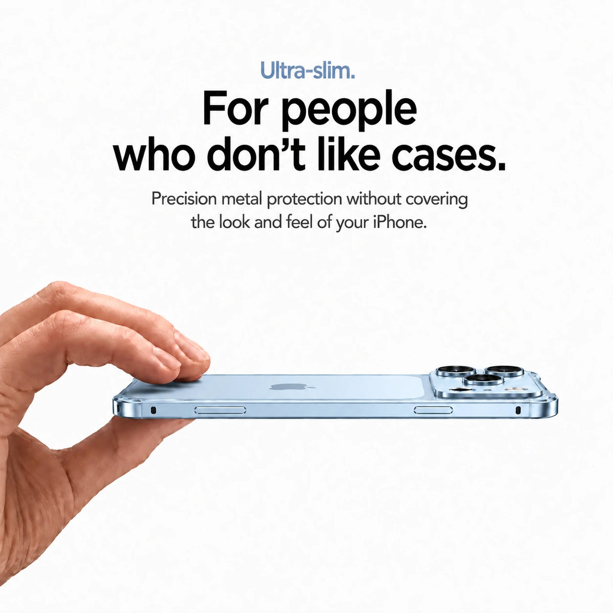 Light blue aluminum frame phone case held sideways showing its slim profile #color_Light Blue