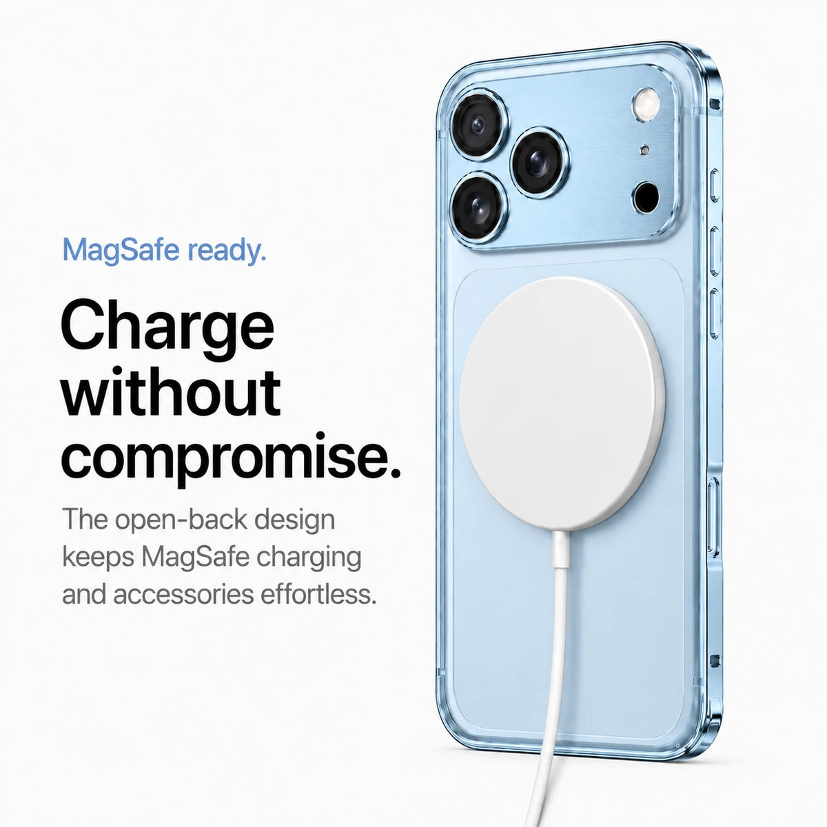 Light blue aluminum frame phone case with a white wireless charging puck #color_Light Blue