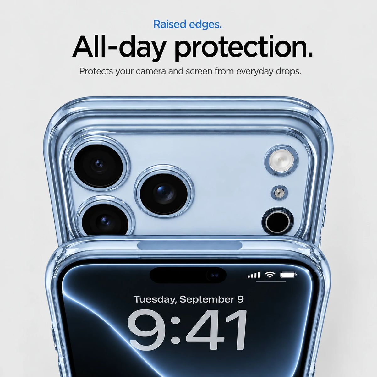 Glacier tinted phone case in close-up showing raised camera and screen edges #color_Glacier