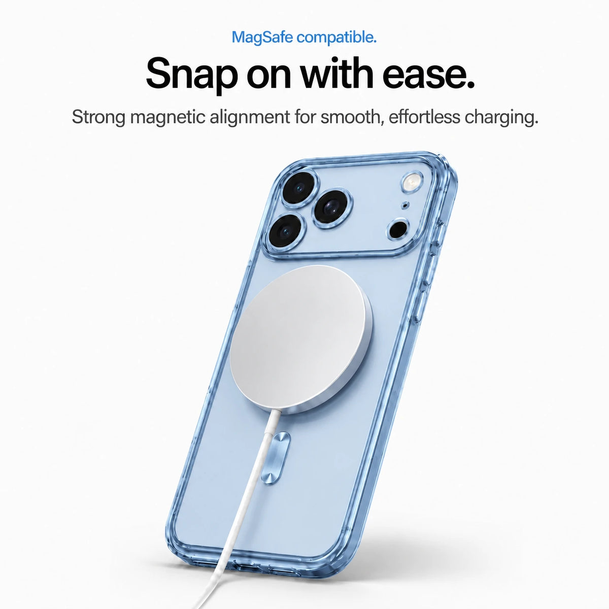 Glacier tinted phone case attached to a white magnetic wireless charging puck #color_Glacier