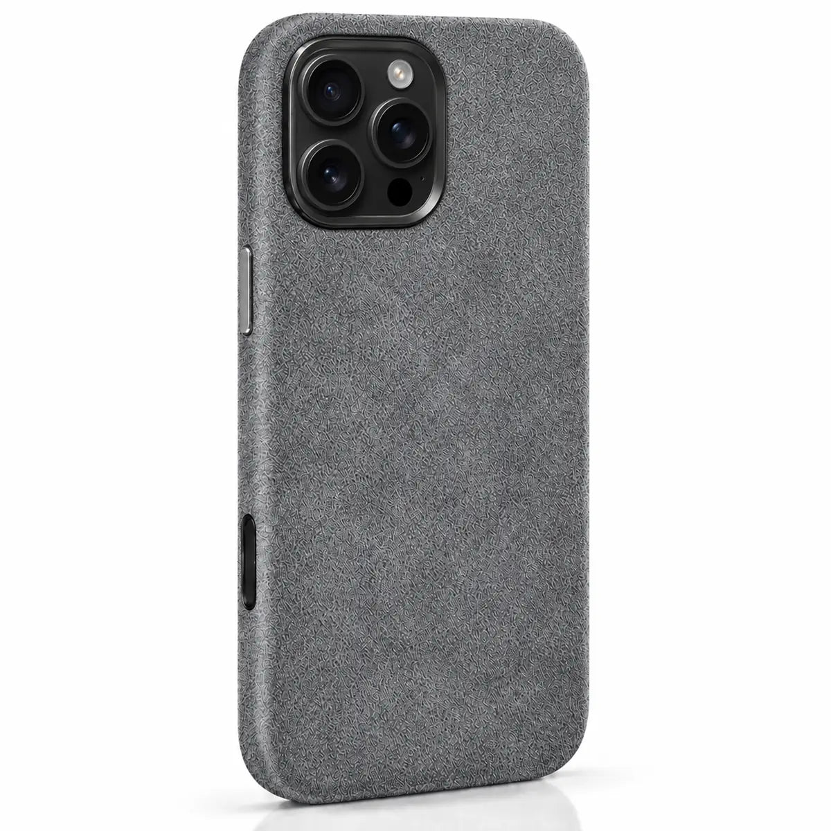 Light gray fabric phone case with a compact square camera opening and dark gunmetal rim. #color_Mist Gray
