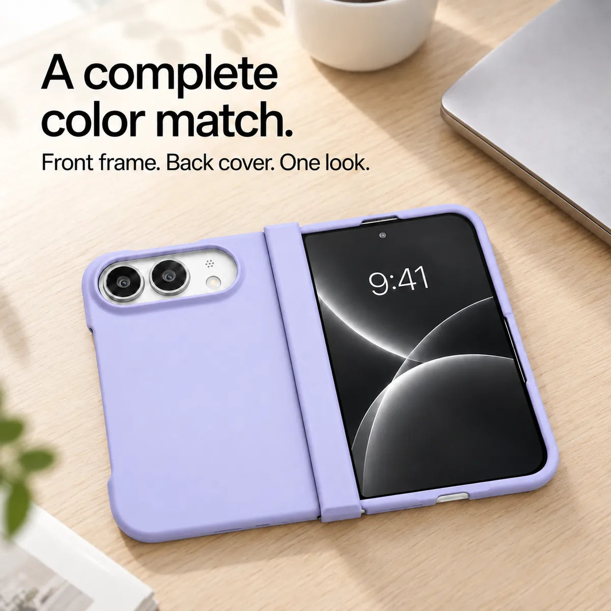 Light Purple matte iPhone Ultra case open flat on a desk, showing coordinated front and back covers. #color_Lilac Mist