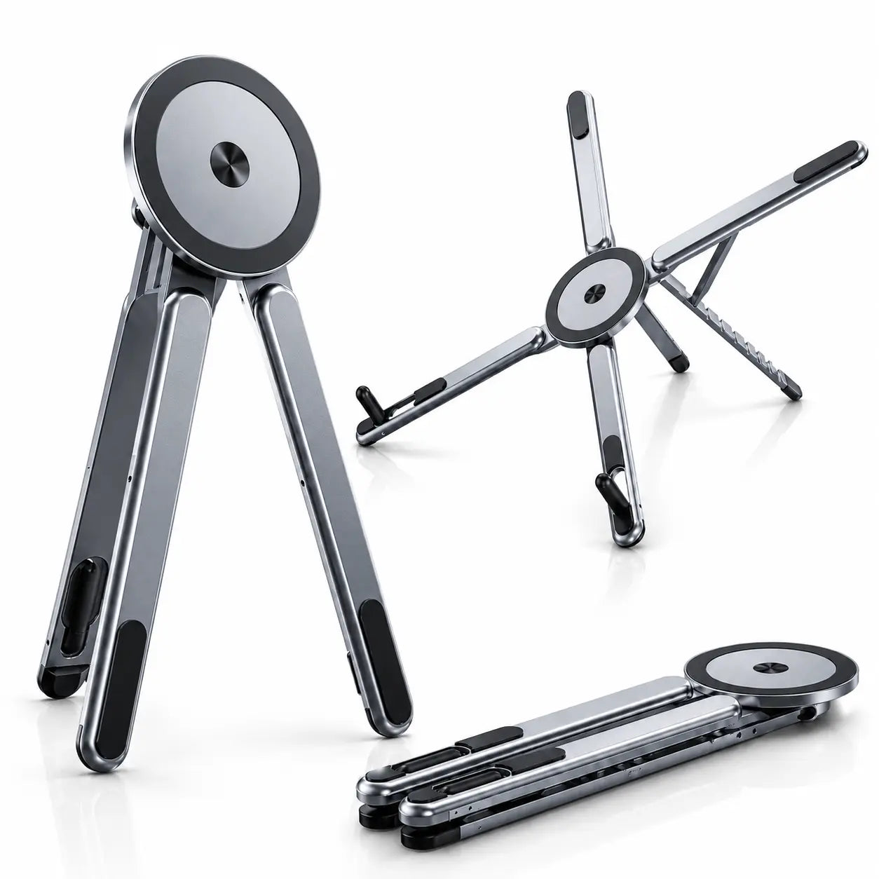 Magnetic workspace stand with MagSafe iPhone mount and laptop support