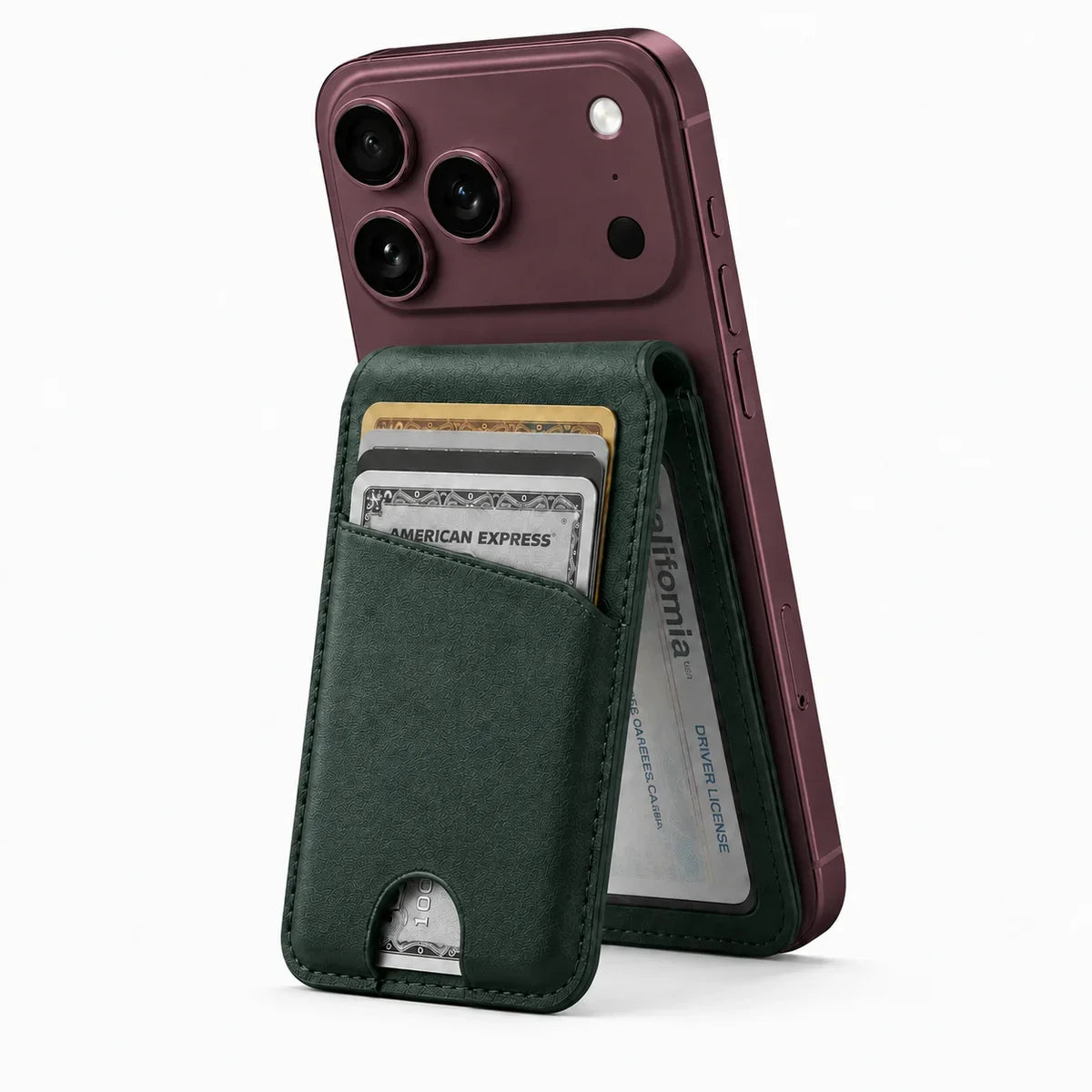 Emerald Green folding magnetic wallet supporting a Burgundy iPhone as a stand. #color_Emerald Green