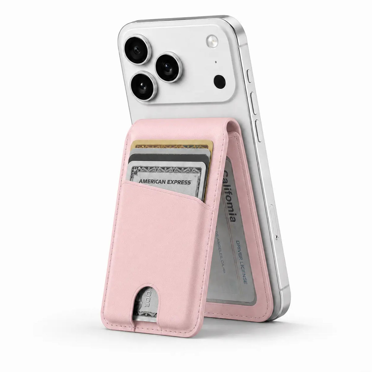Blush Pink folding magnetic wallet supporting a Burgundy iPhone as a stand. #color_Blush Pink