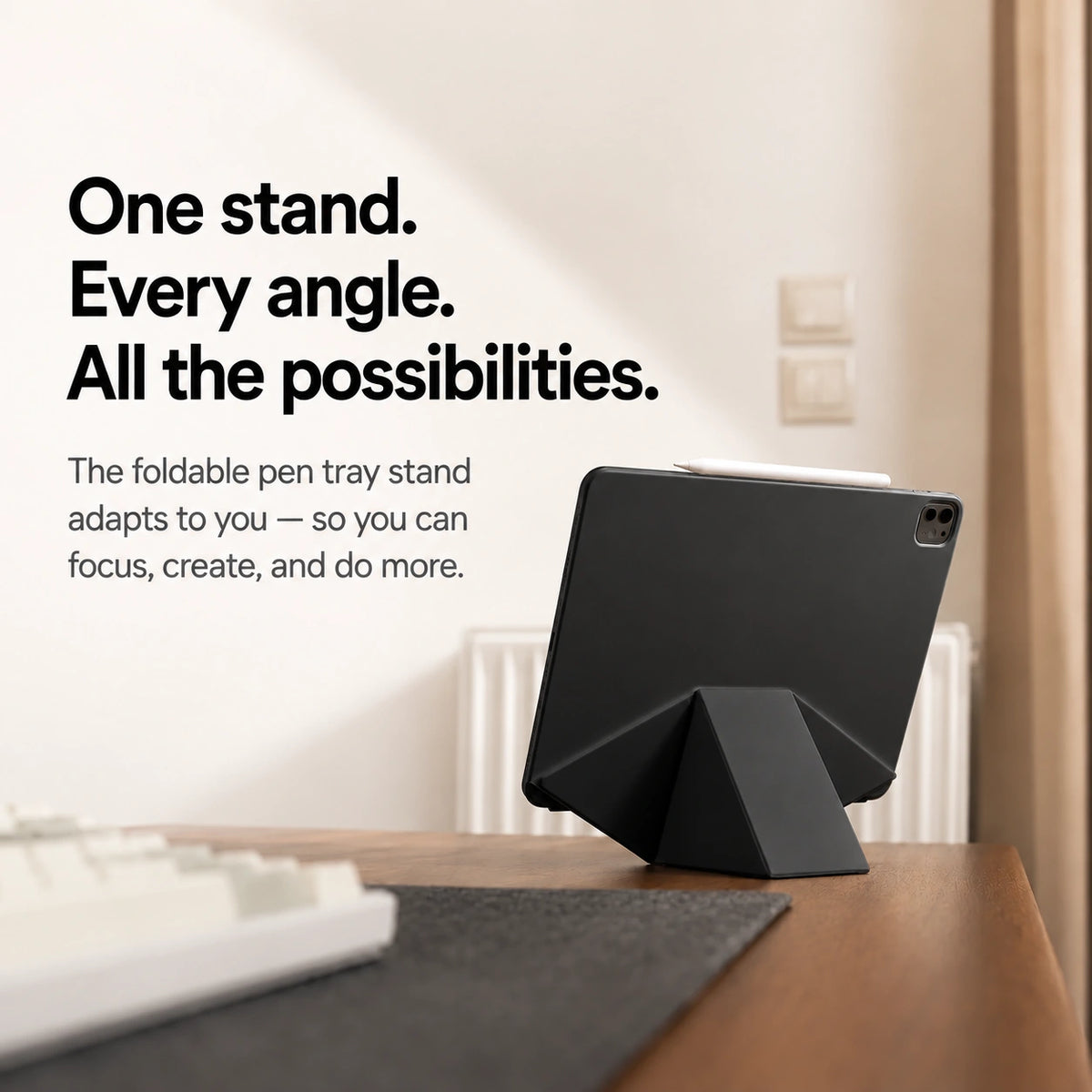 Midnight Black folding magnetic tablet stand on a raised desk support #color_Midnight Black