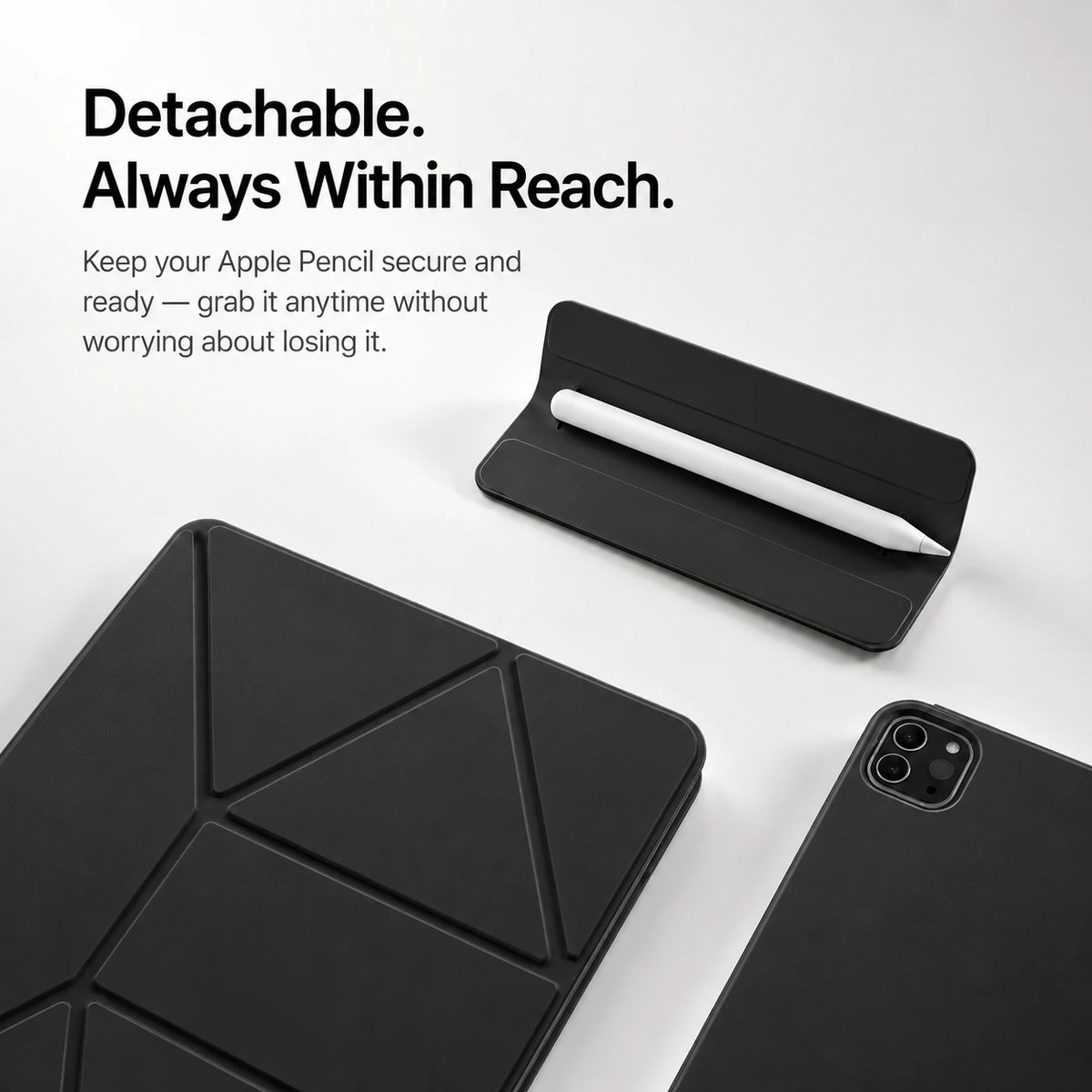Midnight Black folding magnetic tablet stand with a detachable stylus tray #color_Midnight Black