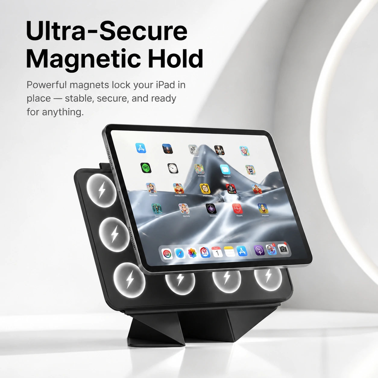 Midnight Black folding magnetic tablet stand with magnetic attachment #color_Midnight Black