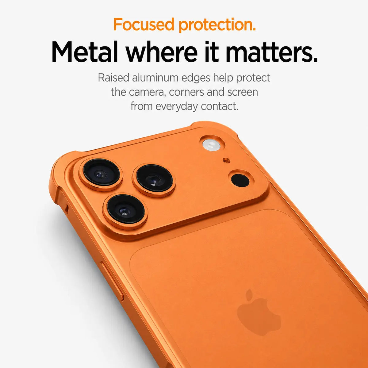 Orange aluminum bumper phone case showing raised camera and corner protection #color_Cosmic Orange