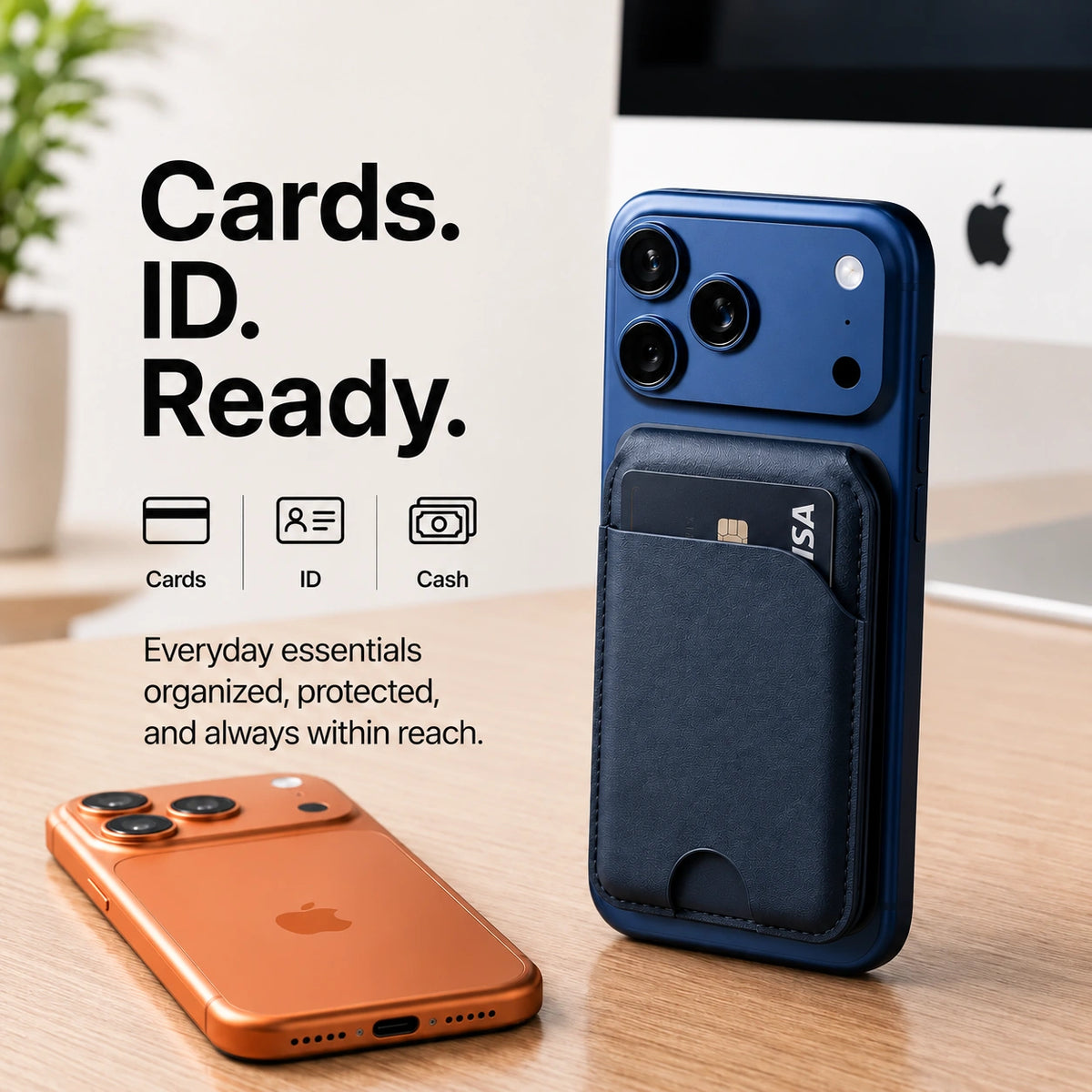 Navy Blue magnetic wallet with a card attached to a Burgundy iPhone beside a second Burgundy iPhone. #color_Navy Blue