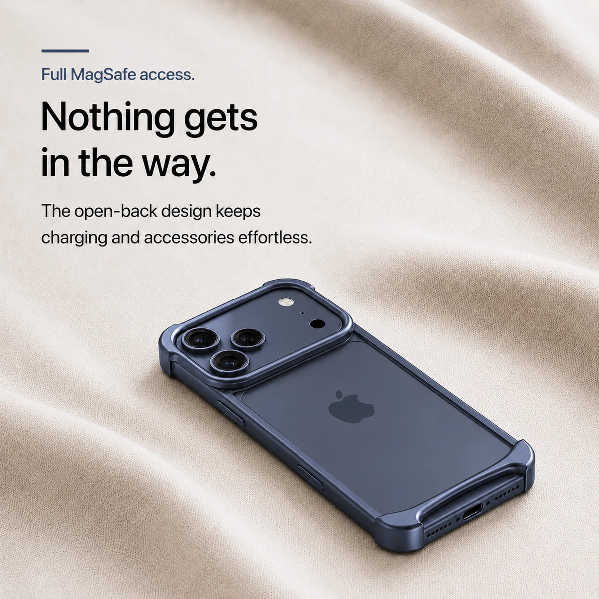 Navy blue open metal bumper phone case on pale fabric showing its open back #color_Deep Blue