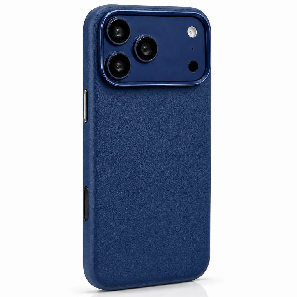 Navy blue textured leather magnetic phone case with a raised metallic camera surround, shown from the rear #color_Deep Blue