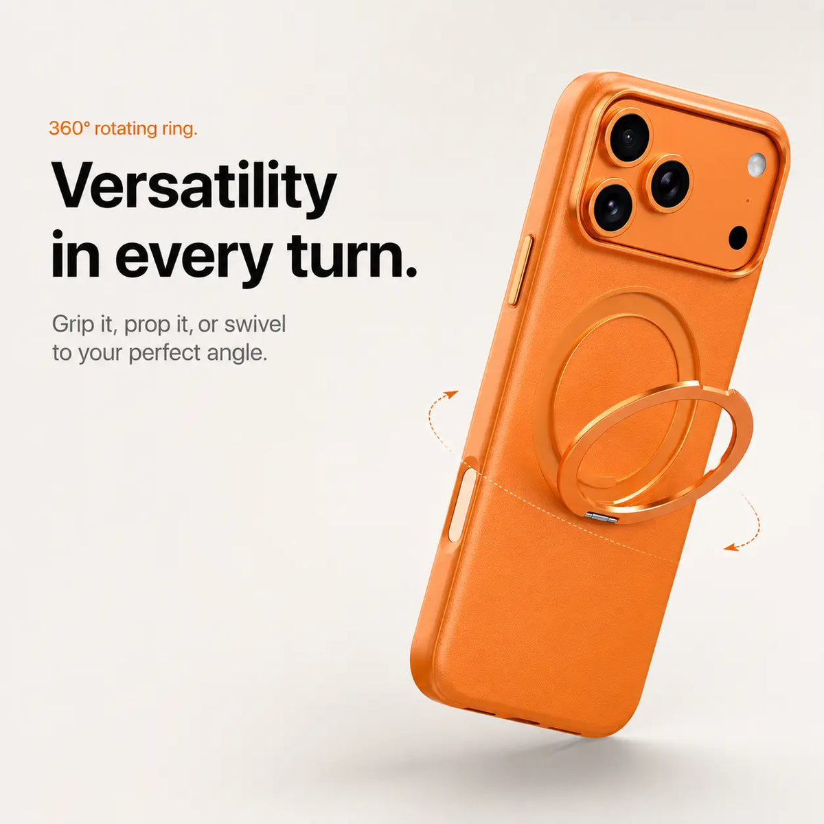 Orange leather phone case with an adjustable ring stand and rotation arrows #color_Cosmic Orange