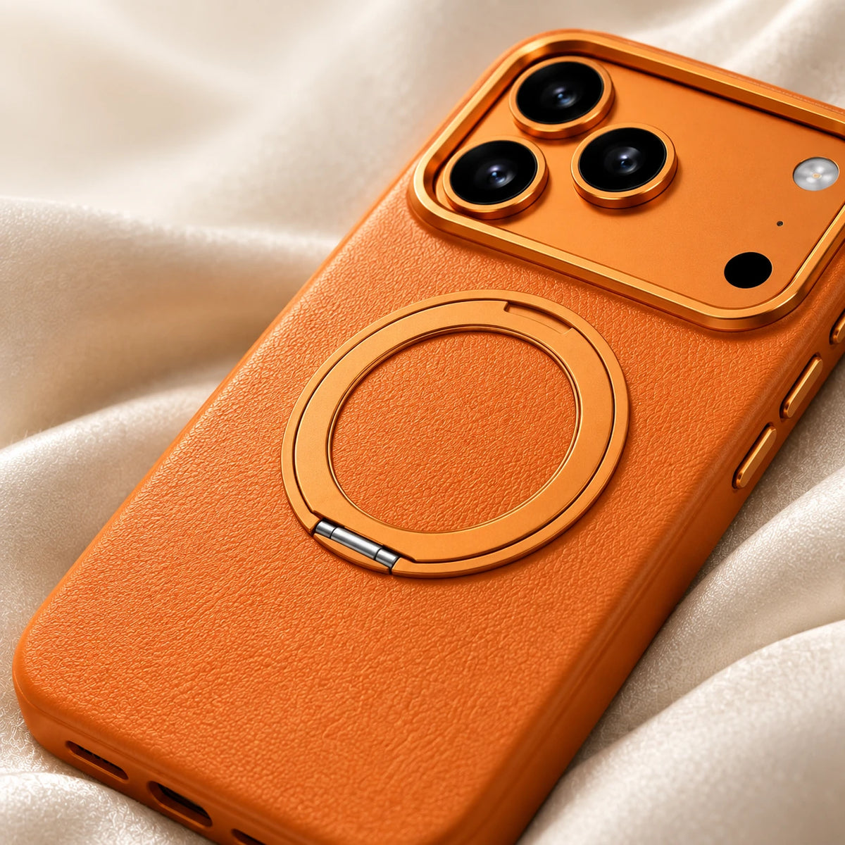 Fine orange leather grain beside the folded circular ring on a phone case.