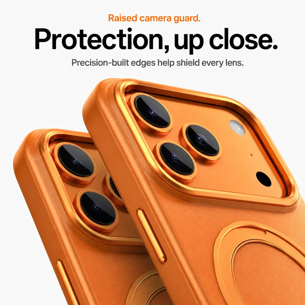 Orange leather phone cases in close-up showing raised camera guards and lens trim #color_Cosmic Orange