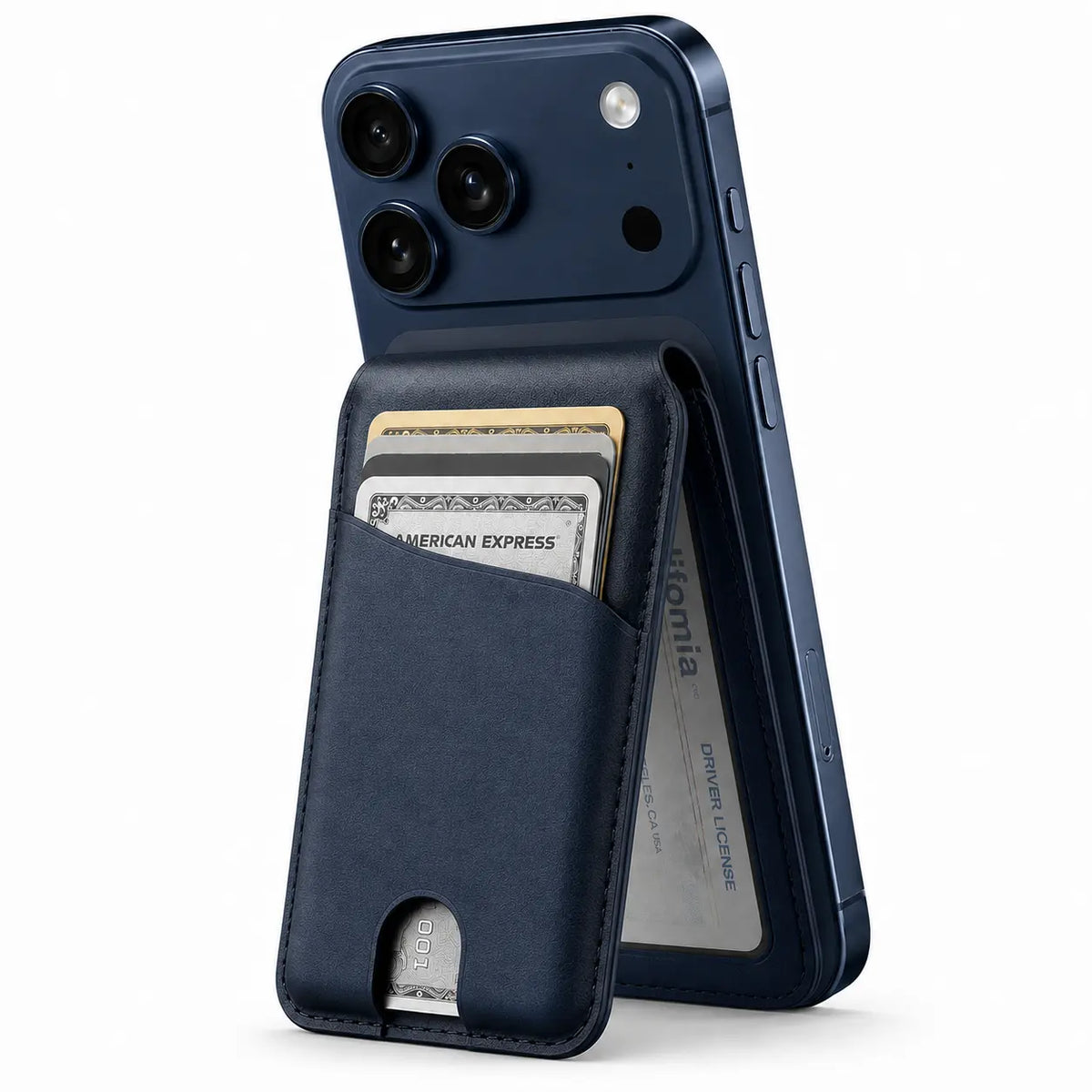 Navy Blue folding magnetic wallet supporting a Burgundy iPhone as a stand. #color_Navy Blue