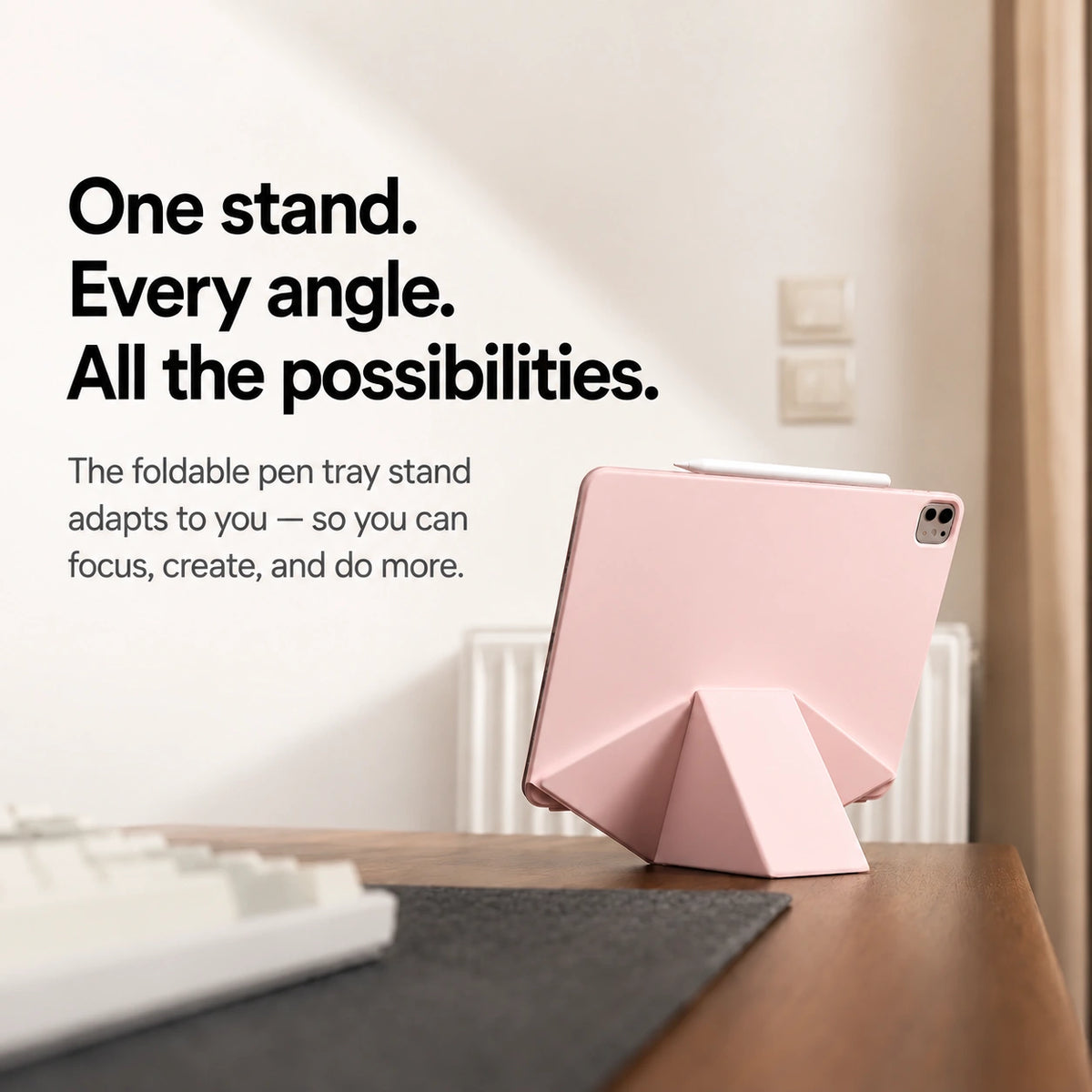 Rose Pink folding magnetic tablet stand on a raised desk support #color_Rose Pink