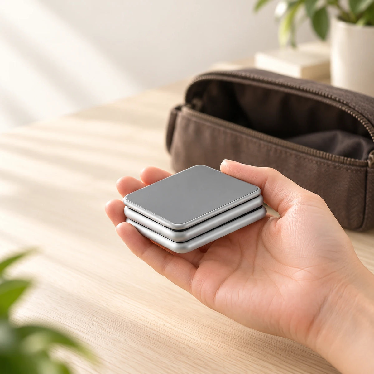Hand holding a silver wireless travel charger folded flat beside an open bag.