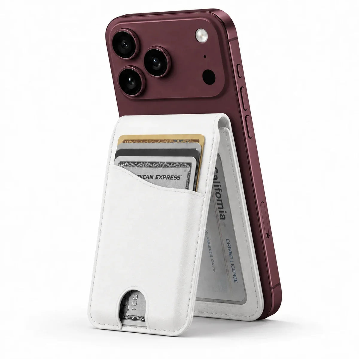 Arctic White folding magnetic wallet supporting a Burgundy iPhone as a stand. #color_Arctic White