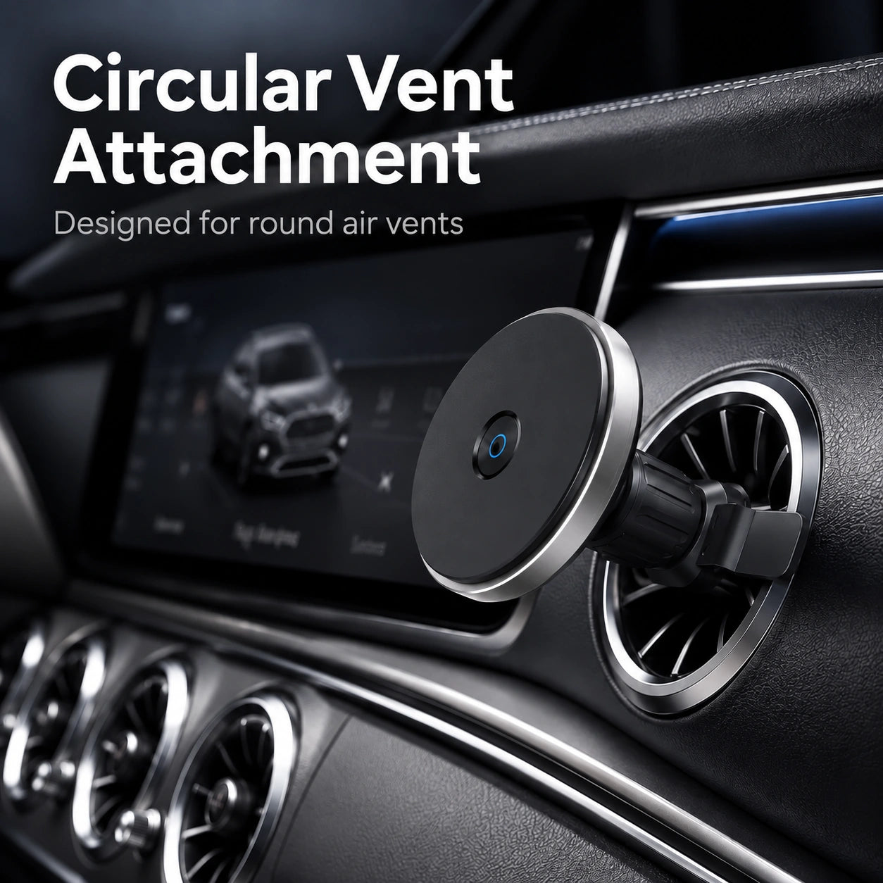 Titanium Silver magnetic car charger on a circular air vent #color_Titanium Silver