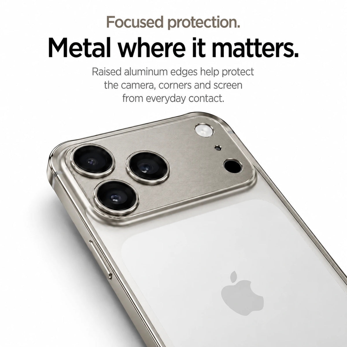 Warm gray aluminum frame phone case showing its raised camera and corner protection #color_Natural Titanium