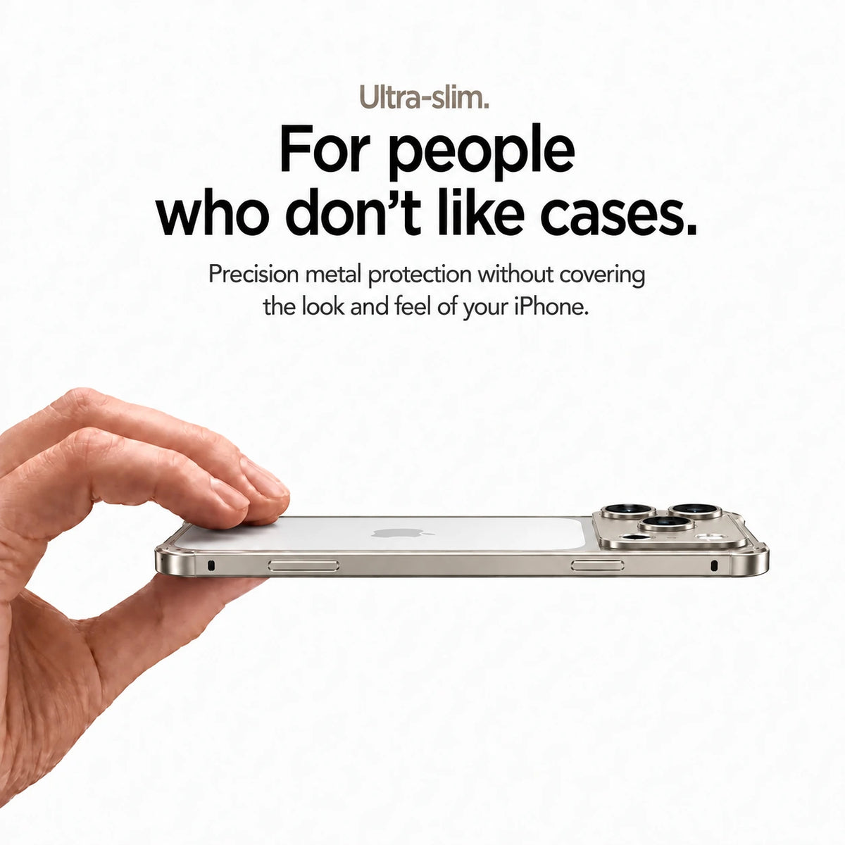 Warm gray aluminum frame phone case held sideways showing its slim profile #color_Natural Titanium
