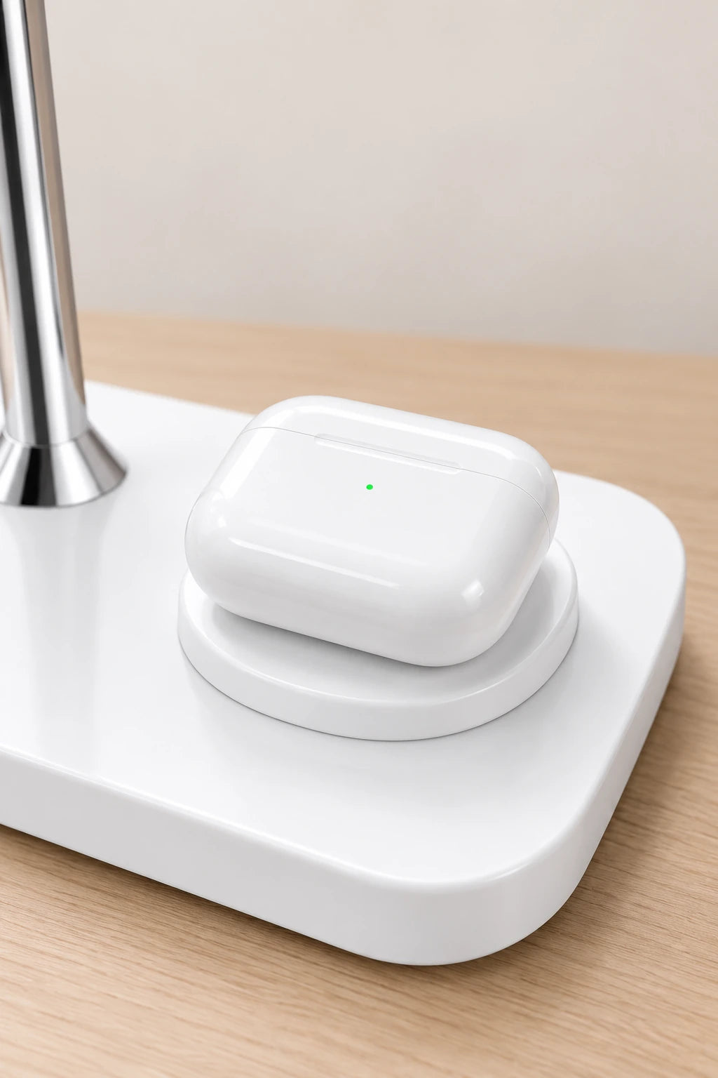 White earbud case resting on the round raised pad of a charging dock.