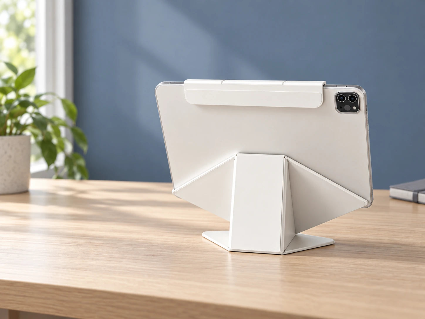 White origami tablet stand supporting a tablet in landscape position on a work desk.