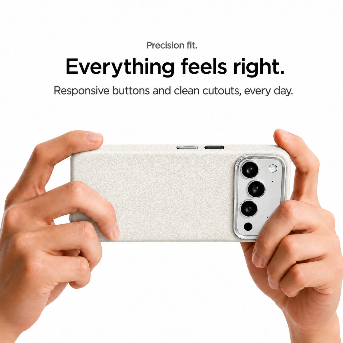 White textured leather phone case held horizontally in two hands with side buttons visible #color_Arctic White