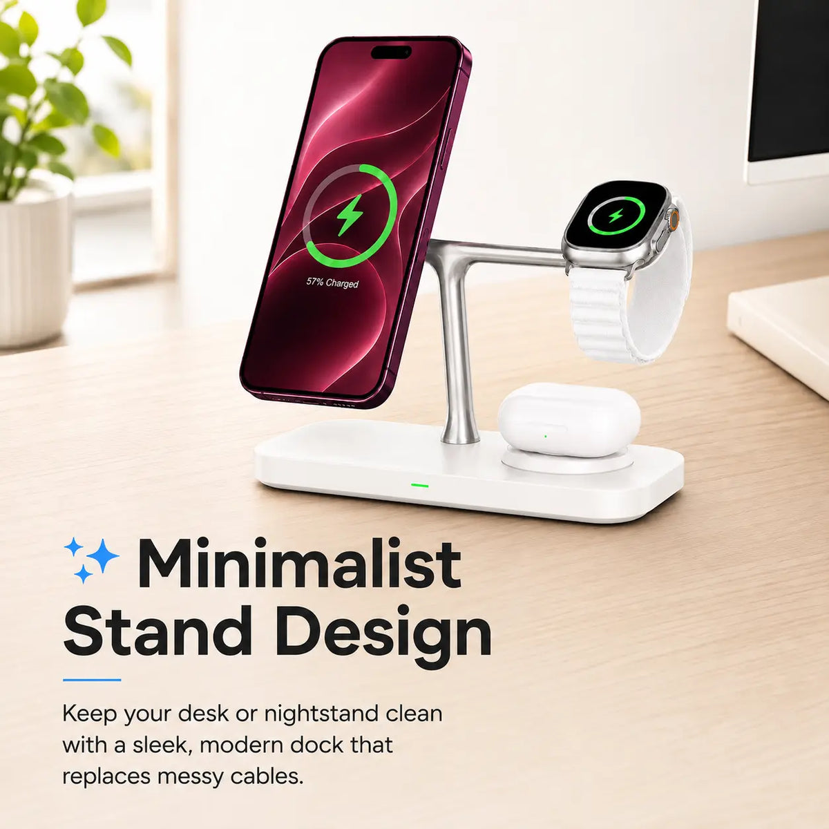 Arctic White three device wireless charging station on a minimalist desk #color_Arctic White