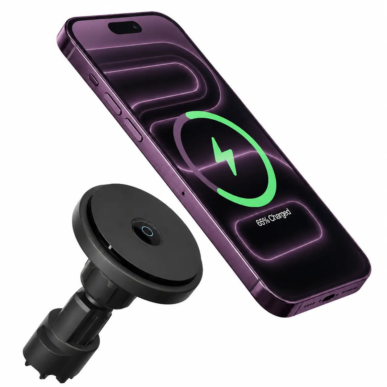 Midnight Black magnetic car charger with phone above round charging head #color_Midnight Black