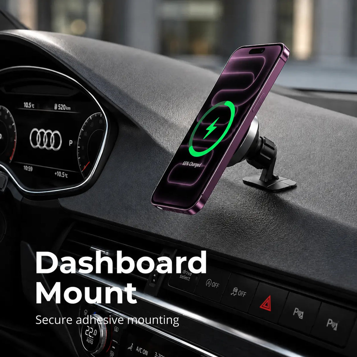 magnetic car charger secured on the dashboard